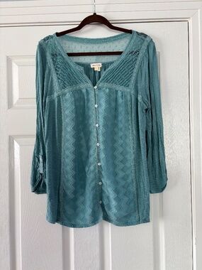 ANTHROPOLOGIE MEADOW RUE LONG SLEEVE GREEN BOHO LACE SLUB COTTON TOP XL